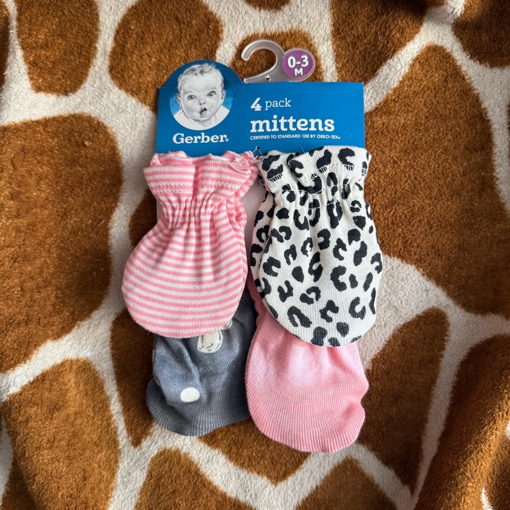 Gerber 4-Pack Baby Mittens - Pink, Gray, Leopard